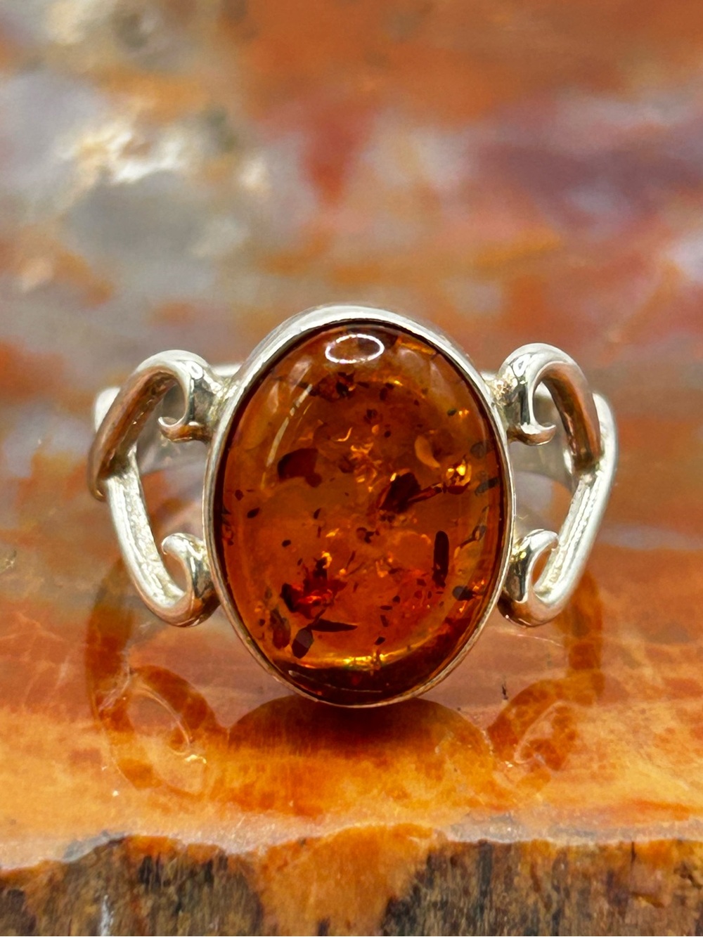 Sterling Silver Amber Ring - Size 6.75
